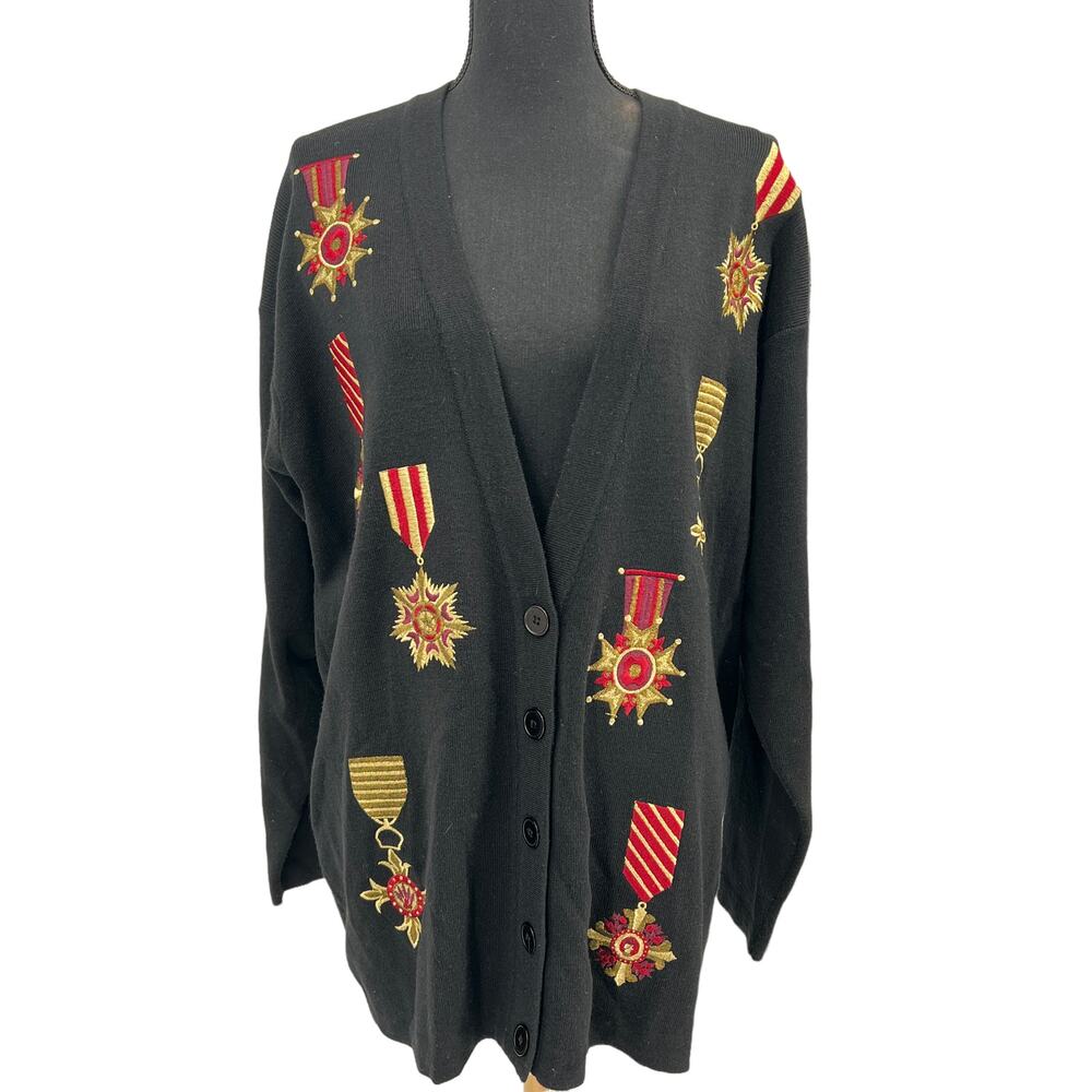 Vintage 90s Jones New‎ York Wool Blend Embroidered Black Cardigan Med